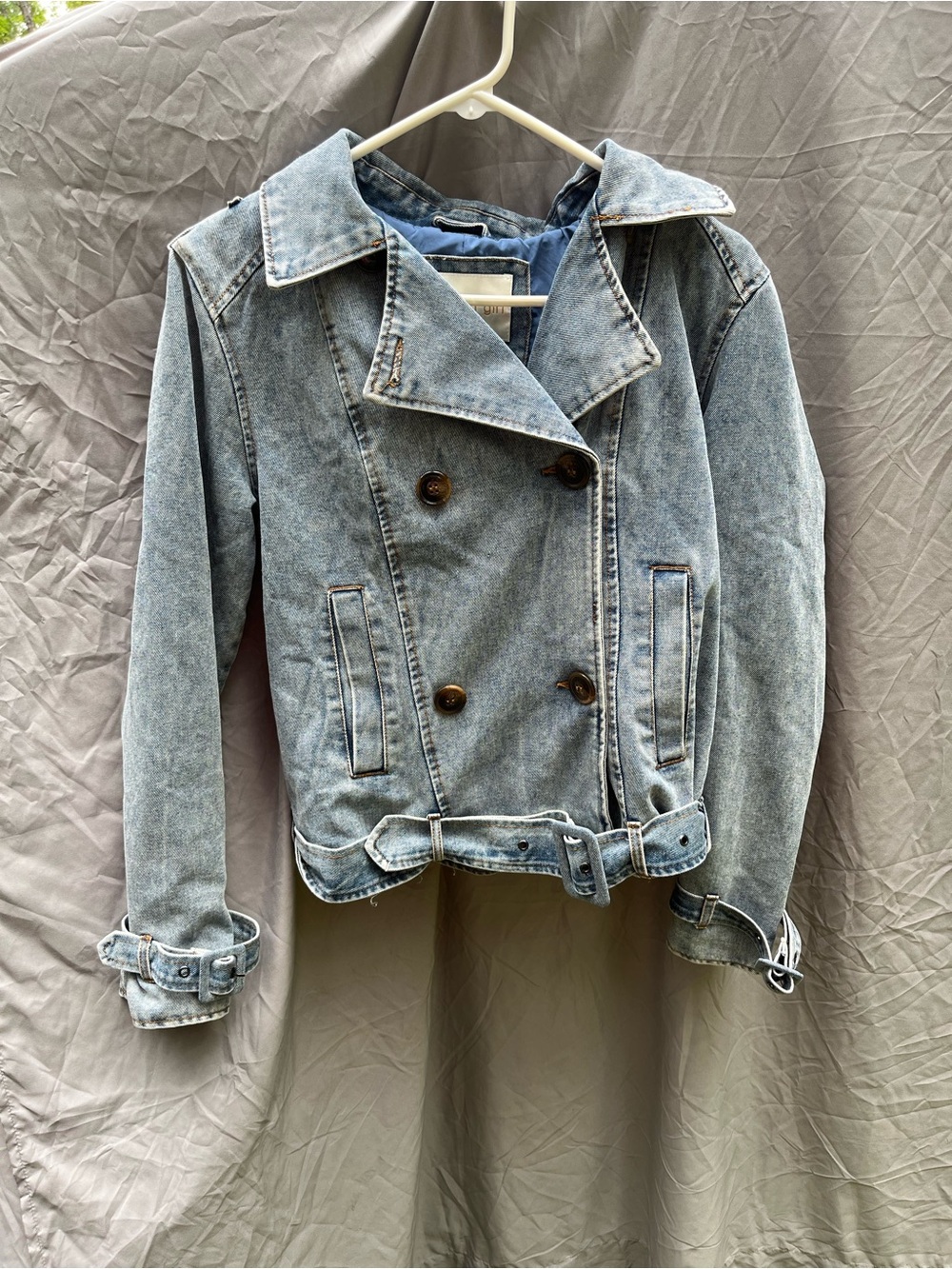Madden Girl Light Wash Double-Breasted Belted Denim Jacket